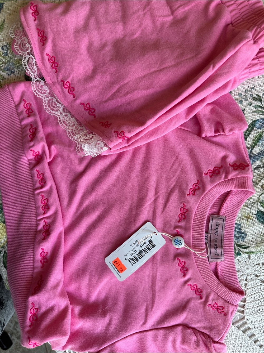 Simply Southern Pink Girls Sweatshirt with Skort set- Lace Trim and Embroidery